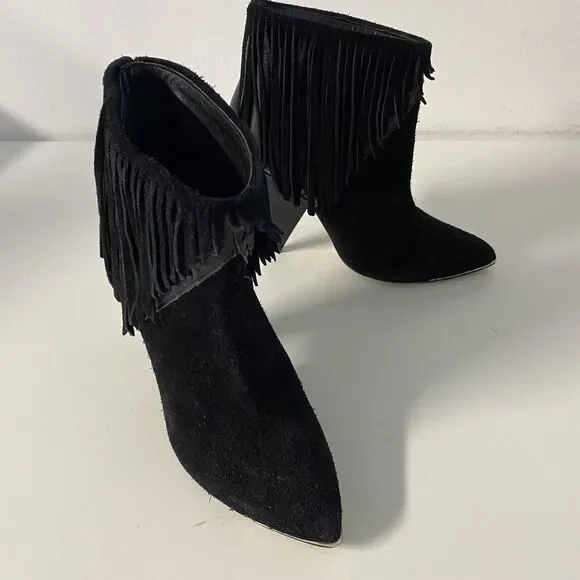 IRO Xabea Black Suede Leather Bootie Ankle Boot Fringe Point Toe Cone He…